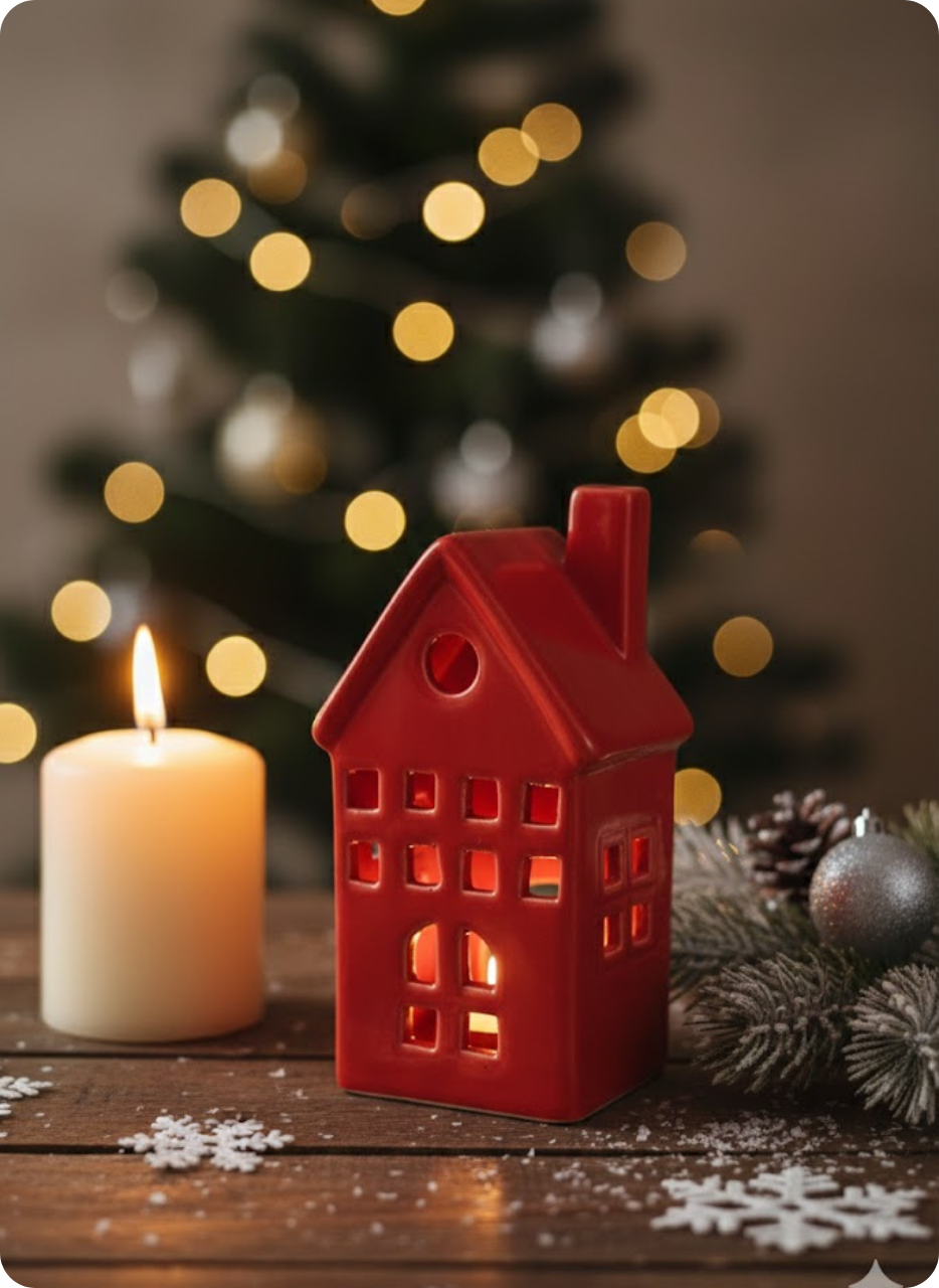 Red Berry Christmas House Candle Holder